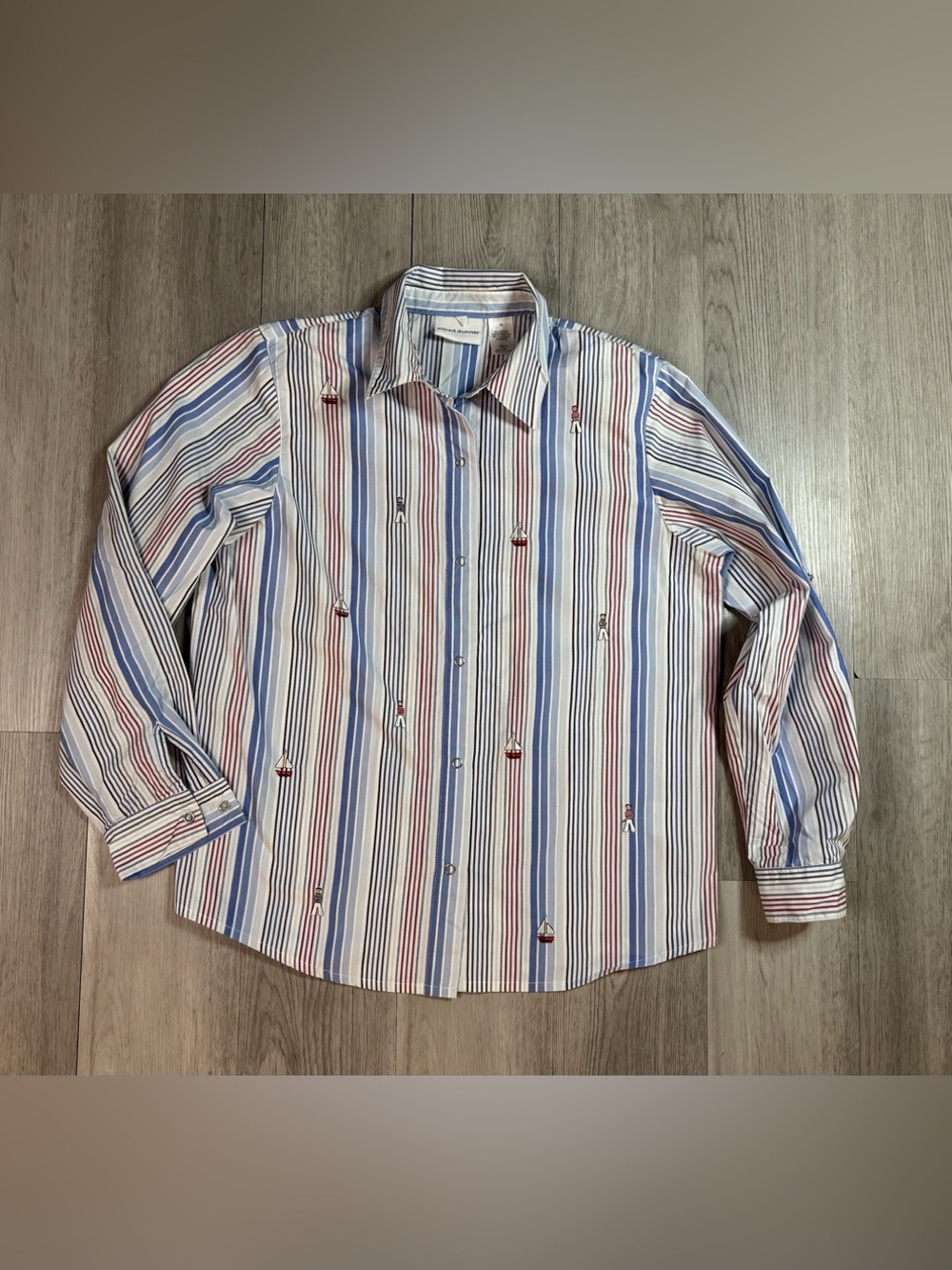 Alfred Dunner Blue White Striped Nautical Sailboat Embroidered Button-Up 10